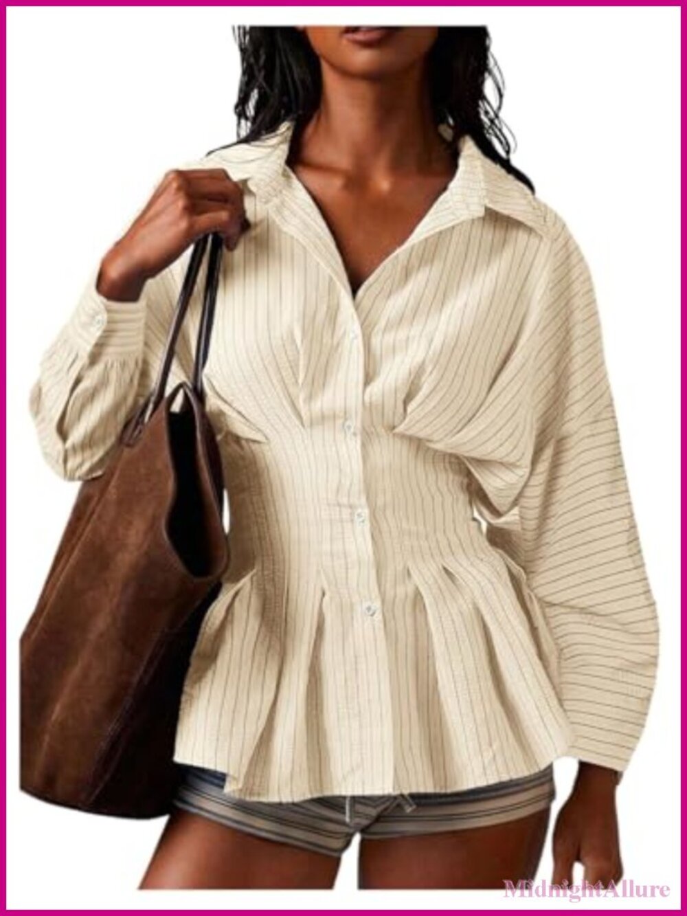 Women's Peplum Button Down Striped Shirt Long Sleeve Slim Fit Blouse